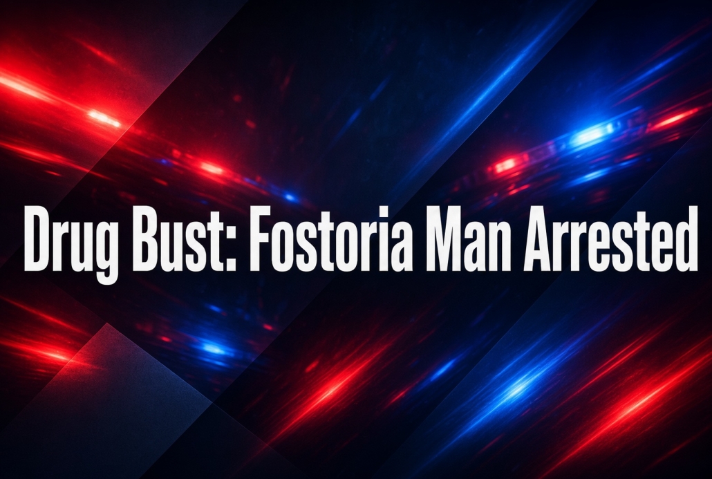 Fostoria News Fostoria man arrested in drug bust with flashing police lights background.
